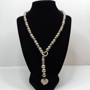 NRT Faux Pearl Beaded Y Lariat Necklace Rhinestone Heart Pendant Charm Jewelry